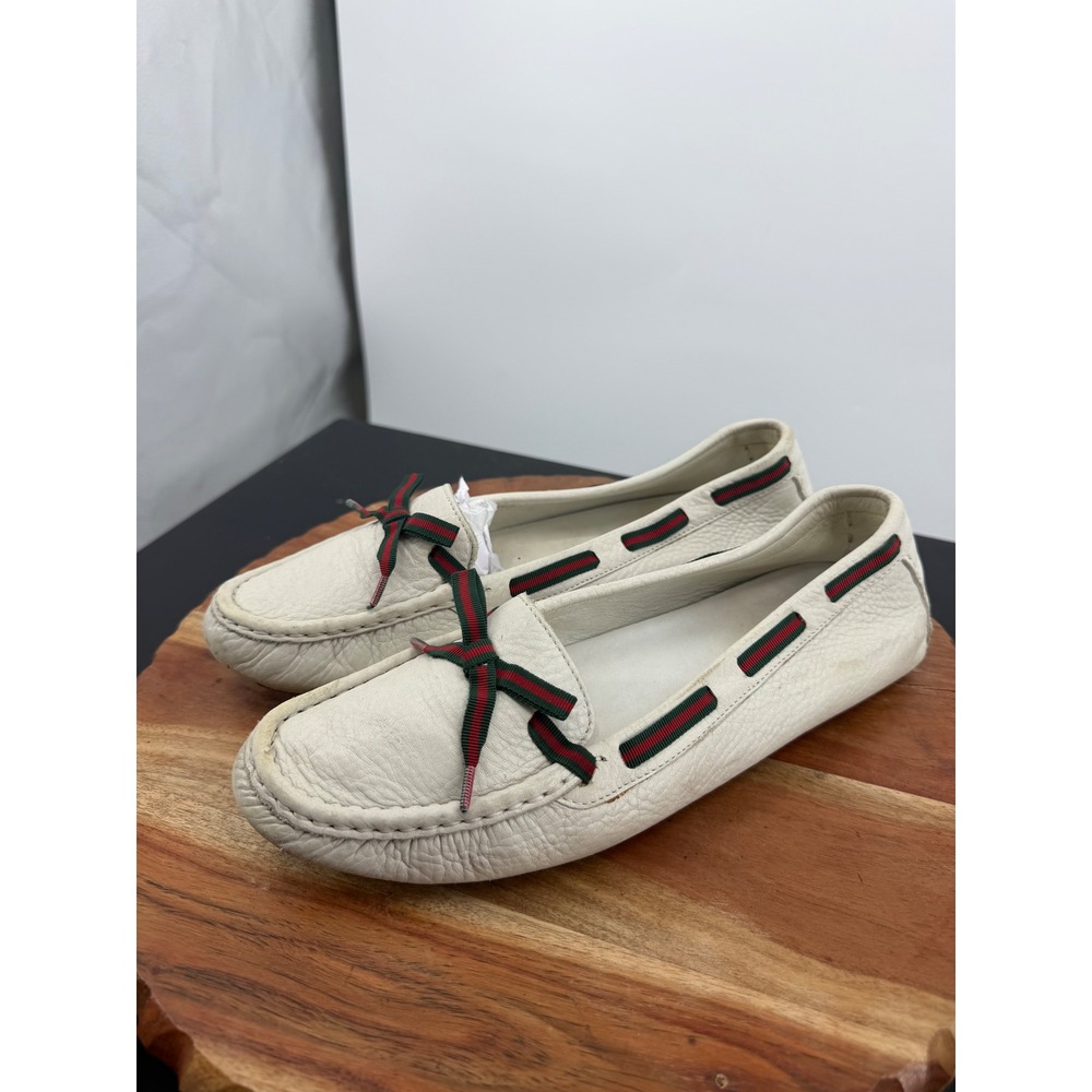 Gucci Driving Loafers men’s 9.5 White Leather Web Stripe Bow Slip On Shoes - Picture 4 of 11
